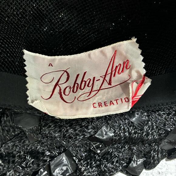 Ladies black straw fedora hat woven white hatband trim bow dressy mid century - Picture 8 of 8